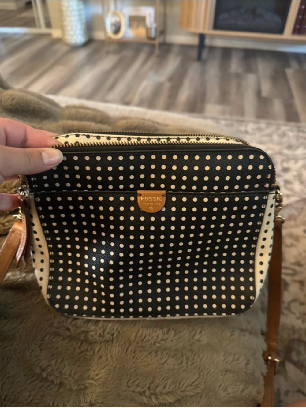 Fossil Black and Cream Polka Dot Crossbody with Tan Strap